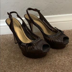 Guess size 5 dark brown peep toe sling back heels